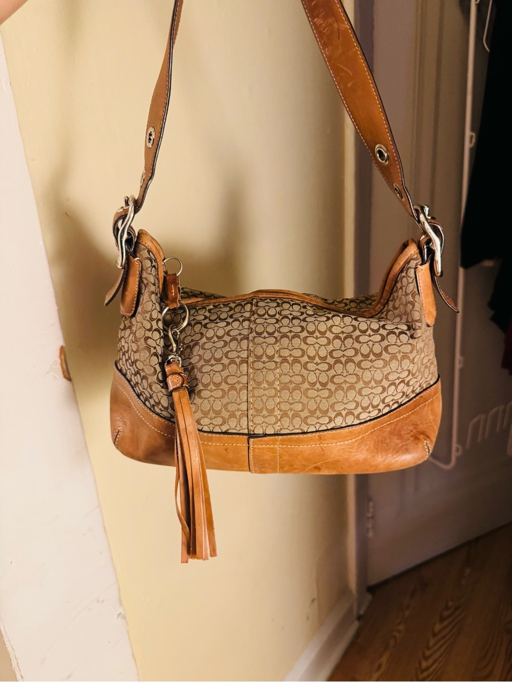 Classic Tan Signature-Print Shoulder Bag